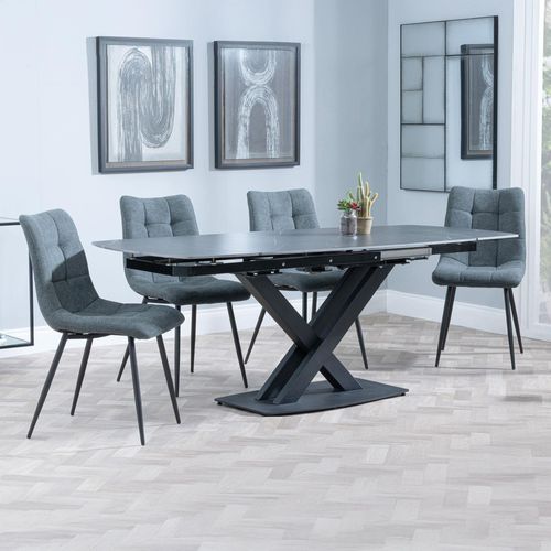 Arctic Black Ceramic Swivel Top Extending Dining Set - Corona Light Grey Fabric Dining Chair
