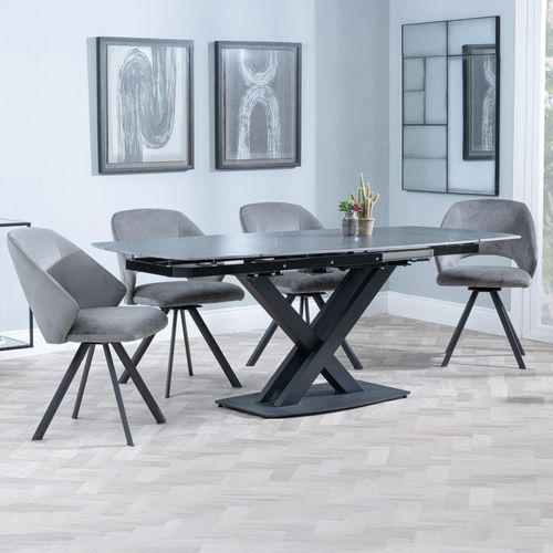 Arctic Black Ceramic Swivel Top Extending Dining Set - Ion Dark Grey Velvet Fabric Swivel Dining Chair