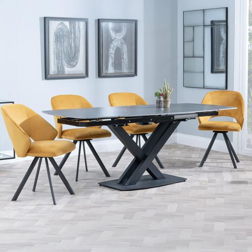 Arctic Black Ceramic Swivel Top Extending Dining Set - Ion Mustard Velvet Fabric Swivel Dining Chair