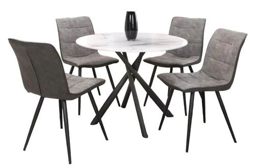 Avesta White Marble Effect Round Dining Table and 4 Rodeo Light Grey Chairs
