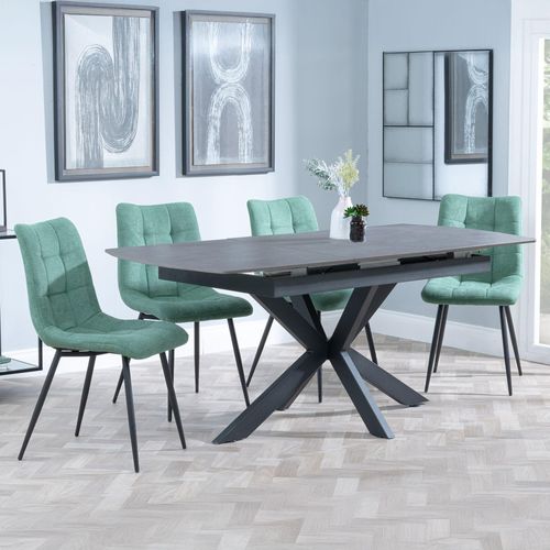 Bari Grey Ceramic Extending Dining Set - Corona Green Fabric Dining Chair