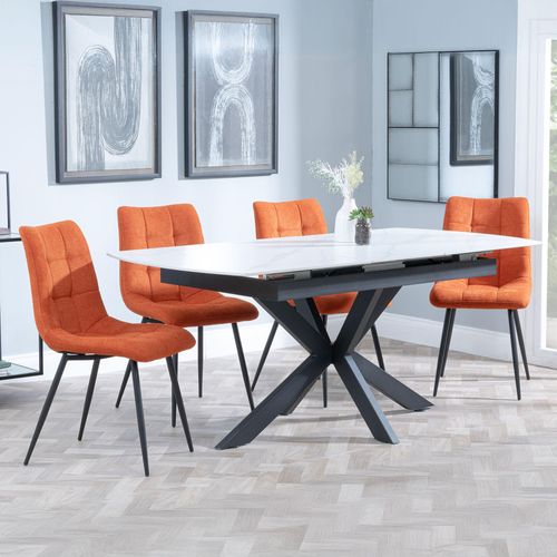 Bari White Ceramic Extending Dining Set - Corona Orange Fabric Dining Chair