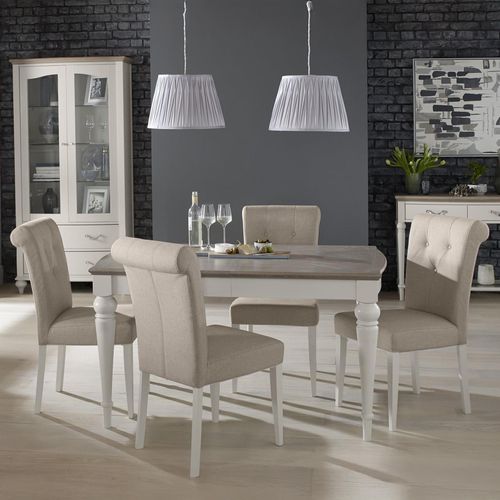 Montreux Extending Dining Table Set - 4-6 Seater - 140cm-180cm - 4 Upholstered Pebble Grey Fabric Chairs - Grey Washed Oak & Soft Grey