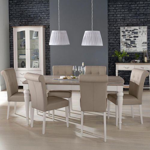 Montreux Extending Dining Table Set - 6-8 Seater - 180cm-225cm - 6 Upholstered Grey Bonded Leather Chairs - Grey Washed Oak & Soft Grey