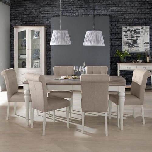 Montreux Extending Dining Table Set - 6-8 Seater - 180cm-225cm - 6 Upholstered Pebble Grey Fabric Chairs - Grey Washed Oak & Soft Grey