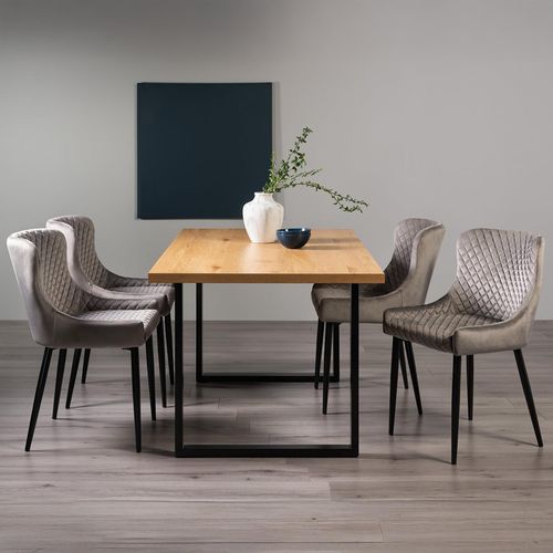 Ramsay Oak Dining Table Set - 6 Seater - 160cm - U Leg - 4 Cezanne Grey Velvet Chairs - Black Legs