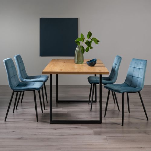 Ramsay Oak Dining Table Set - 6 Seater - 160cm - U Leg - 4 Mondrian Petrol Blue Velvet Chairs
