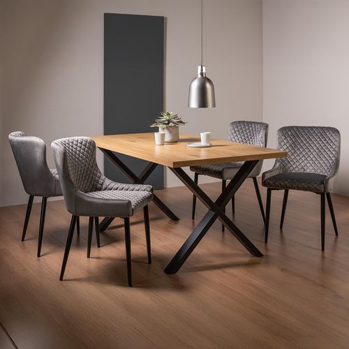 Ramsay Oak Dining Table Set - 6 Seater - 160cm - X Leg - 4 Cezanne Grey Velvet Chairs - Black Legs