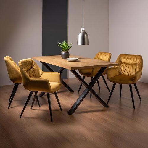 Ramsay Oak Dining Table Set - 6 Seater - 160cm - X Leg - 4 Dali Mustard Velvet Chairs
