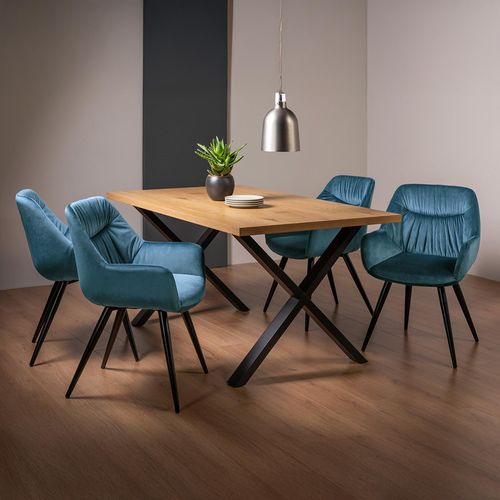 Ramsay Oak Dining Table Set - 6 Seater - 160cm - X Leg - 4 Dali Petrol Blue Velvet Chairs