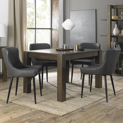 Turin Dark Oak Extending Dining Table Set - 4-6 Seater - 4 Cezanne Dark Grey Faux Leather Chairs - Sand Black Legs
