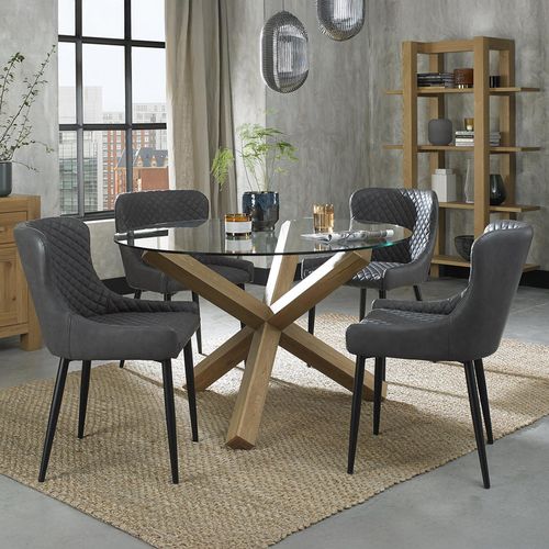 Turin Glass Dining Table Set - 4 Seater - 120cm - Round - Light Oak Legs - 4 Cezanne Dark Grey Faux Leather Chairs - Black Legs