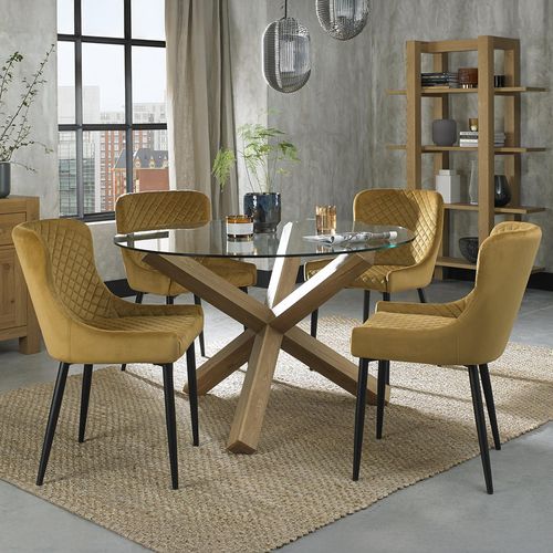 Turin Glass Dining Table Set - 4 Seater - 120cm - Round - Light Oak Legs - 4 Cezanne Mustard Velvet Chairs - Black Legs