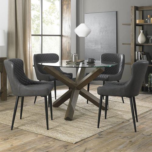 Turin Glass Round Dining Table - 4 Seater - 120cm - Dark Oak Legs - 4 Cezanne Dark Grey Faux Leather Chairs - Black Legs