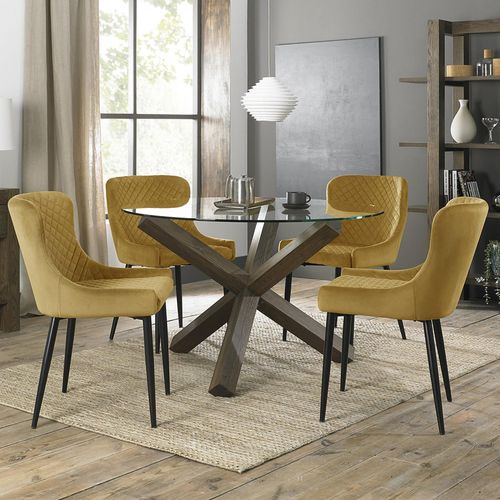 Turin Glass Round Dining Table - 4 Seater - 120cm - Dark Oak Legs - 4 Cezanne Mustard Velvet Chairs - Black Legs