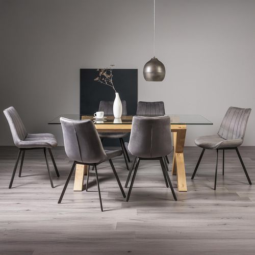 Turin Glass Dining Table Set - 6 Seater - 180cm - Light Oak Legs - 6 Fontana Grey Velvet Chairs
