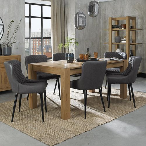 Turin Light Oak Extending Dining Table Set - 6-8 Seater - 165cm-225cm - 6 Cezanne Dark Grey Faux Leather Chairs - Black Legs