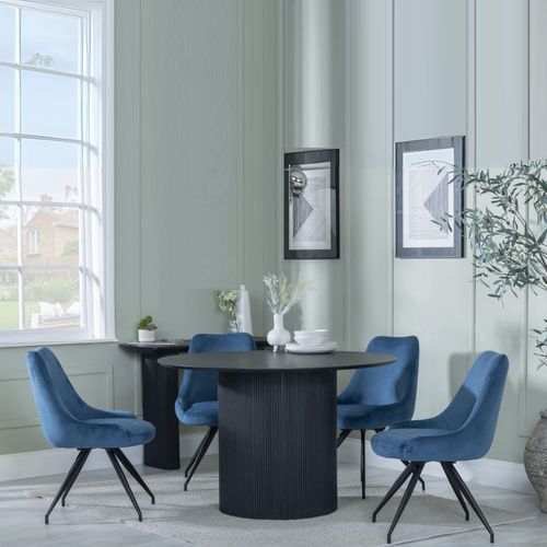 Bern Fluted Black 4 Seater Round Dining Set - 4 Arctic Blue Velvet Fabric Swivel Dining Chair