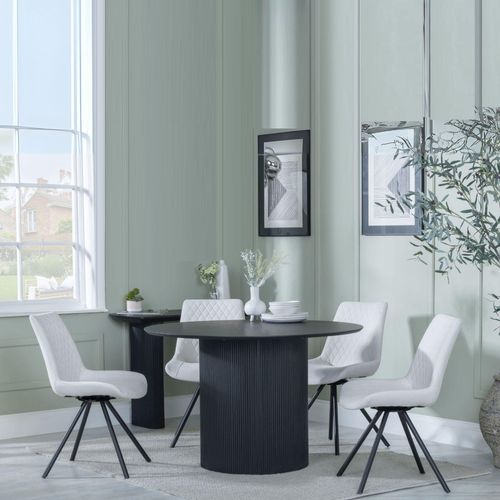 Bern Fluted Black 4 Seater Round Dining Set - 4 Boden Cream Fabric Swivel Dining Chair
