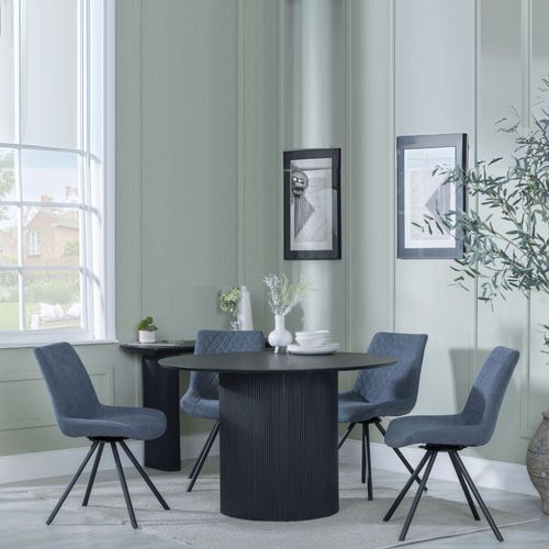 Bern Fluted Dining Set - 4 Seater - 120cm - Round - Black - 4x Boden Swivel Dining Chairs - Dark Grey Fabric