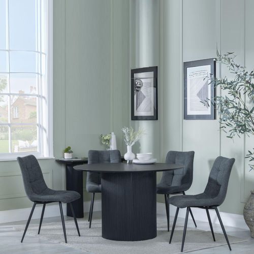 Bern Fluted Black 4 Seater Round Dining Set - 4 Corona Light Grey Fabric Chairs