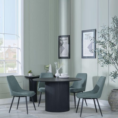 Bern Fluted Black 4 Seater Round Dining Set - 4 Darwin Green Fabric Dining Chair
