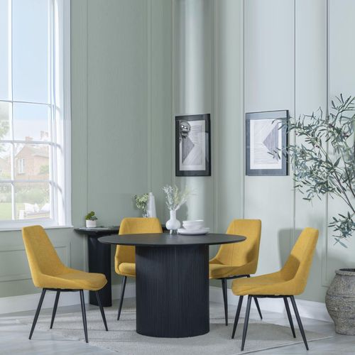Bern Fluted Black 4 Seater Round Dining Set - 4 Darwin Yellow Fabric Dining Chair