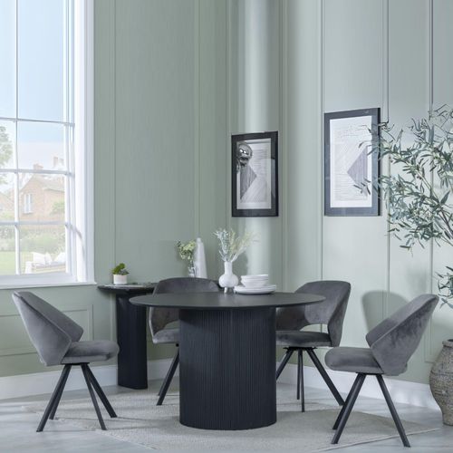 Bern Fluted Black 4 Seater Round Dining Set - 4 Ion Dark Grey Velvet Fabric Swivel Dining Chair