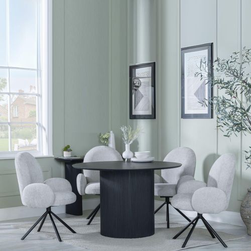 Bern Fluted Black 4 Seater Round Dining Set - 4 Theo Grey Fabric Swivel Dining Chair