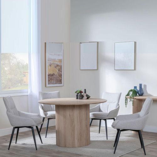 Bern Fluted Oak Effect 4 Seater Round Dining Set - 4 Ace Beige Fabric Swivel Dining Chair