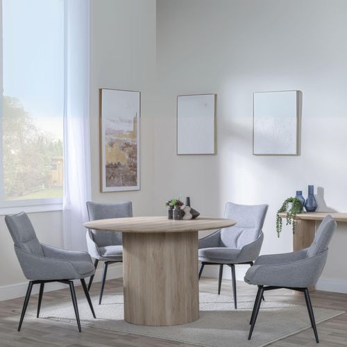 Bern Fluted Dining Set - 4 Seater - 120cm - Round - Oak - 4x Ace Swivel Dining Chairs - Grey Fabric