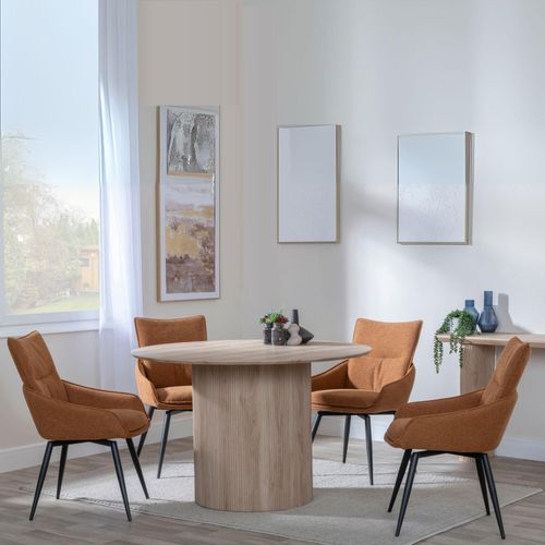 Bern Fluted Dining Set - 4 Seater - 120cm - Round - Oak - 4x Ace Swivel Dining Chairs - Orange Fabric