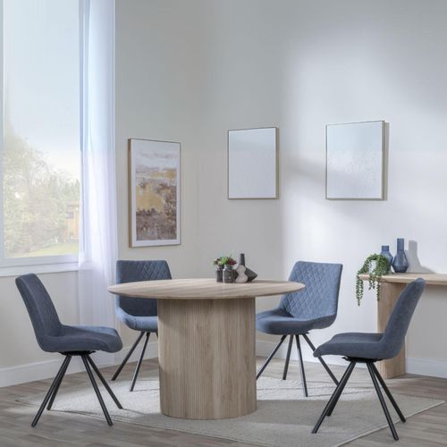 Bern Fluted Dining Set - 4 Seater - 120cm - Round - Oak - 4x Boden Swivel Dining Chairs - Dark Grey Fabric