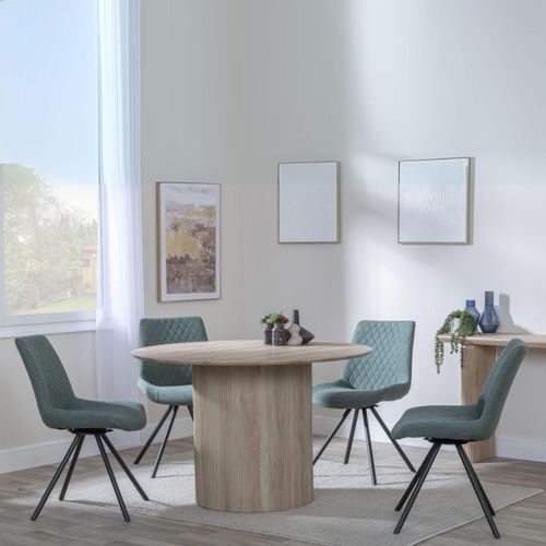 Bern Fluted Dining Set - 4 Seater - 120cm - Round - Oak - 4x Boden Swivel Dining Chairs - Green Fabric