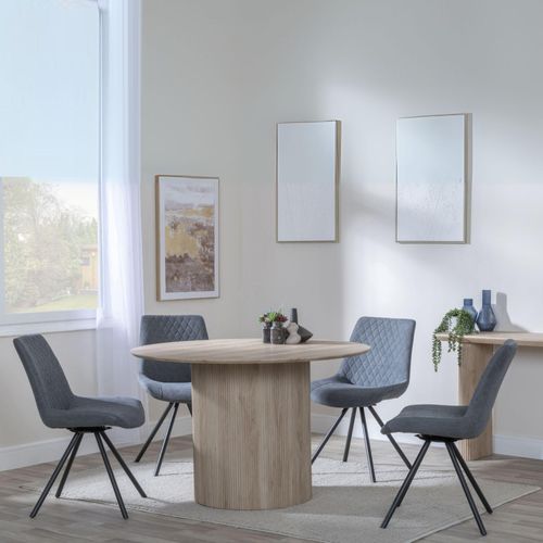 Bern Fluted Dining Set - 4 Seater - 120cm - Round - Oak - 4x Boden Swivel Dining Chairs - Grey Fabric