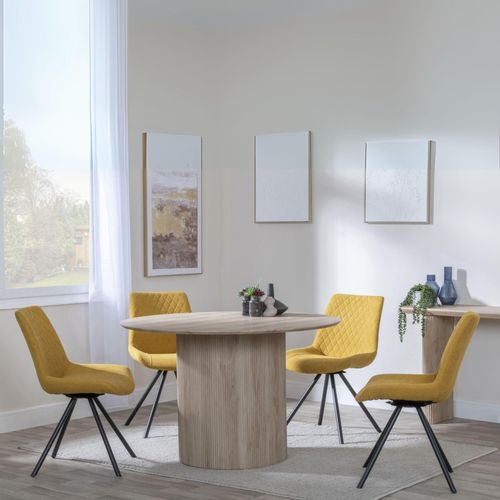 Bern Fluted Oak Effect 4 Seater Round Dining Set - 4 Boden Yellow Fabric Swivel Dining Chair