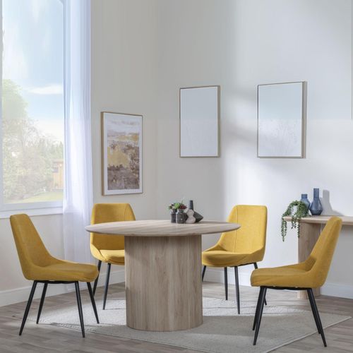 Bern Fluted Oak Effect 4 Seater Round Dining Set - 4 Darwin Yellow Fabric Dining Chair