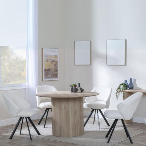 Bern Fluted Oak Effect 4 Seater Round Dining Set - 4 Ion Cream Boucle Teddy Fabric Swivel Dining Chair