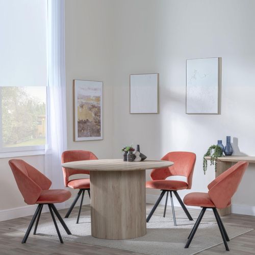 Bern Fluted Oak Effect 4 Seater Round Dining Set - 4 Ion Orange Velvet Fabric Swivel Dining Chair