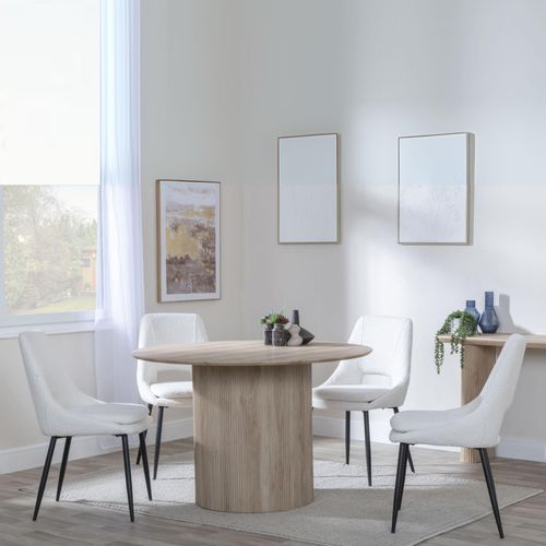 Bern Fluted Oak Effect 4 Seater Round Dining Set - 4 Peyton Cream Fabric Dining Chair