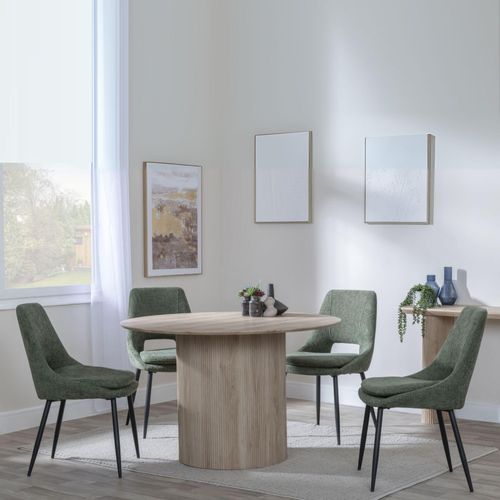 Bern Fluted Oak Effect 4 Seater Round Dining Set - 4 Peyton Green Fabric Dining Chair