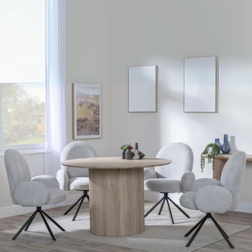Bern Fluted Oak Effect 4 Seater Round Dining Set - 4 Theo Grey Fabric Swivel Dining Chair