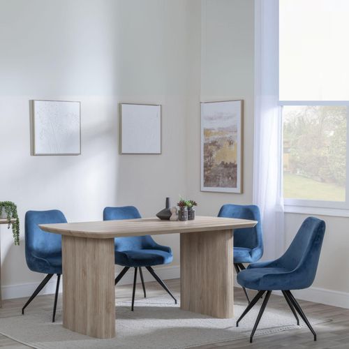 Bern Fluted Oak Effect Dining Set - Arctic Blue Velvet Fabric Swivel Dining Chair