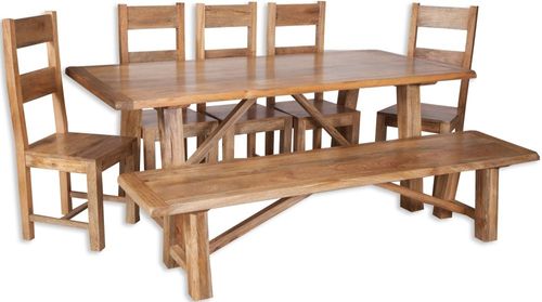 Bombay Solid Mango Wood 8 Seater Dining Set with 5 Wooden Chairs and Bench