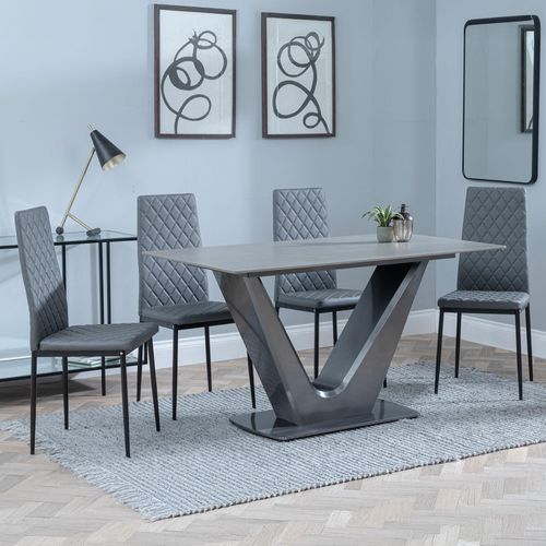 Camilla Grey Ceramic 4 Seater Dining Set - 4 Metro Grey Leather Dining Chair with Black Legs