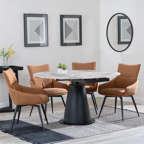 Carrara Dining Set - 4 Seater - 135cm - Round - Grey Ceramic - Extending - 4x Ace Swivel Dining Chairs - Orange Fabric