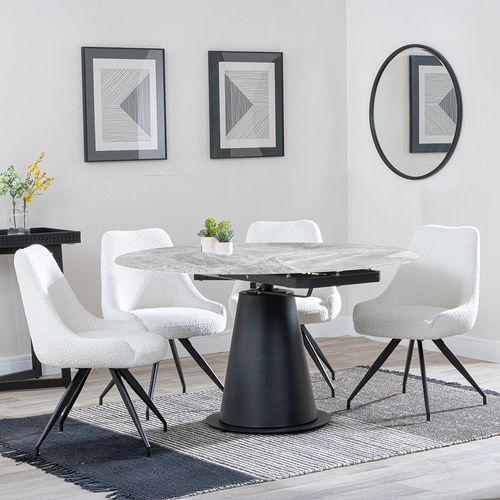 Carrara Grey Ceramic 4 Seater Round Extending Dining Set - 4 Arctic Cream Velvet Fabric Swivel Dining Chair