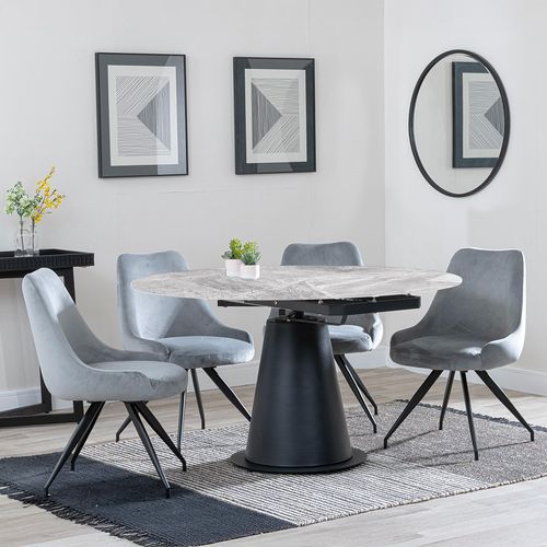 Carrara Dining Set - 4 Seater - 135cm - Round - Grey Ceramic - Extending - 4x Arctic Swivel Dining Chairs - Grey Velvet Fabric