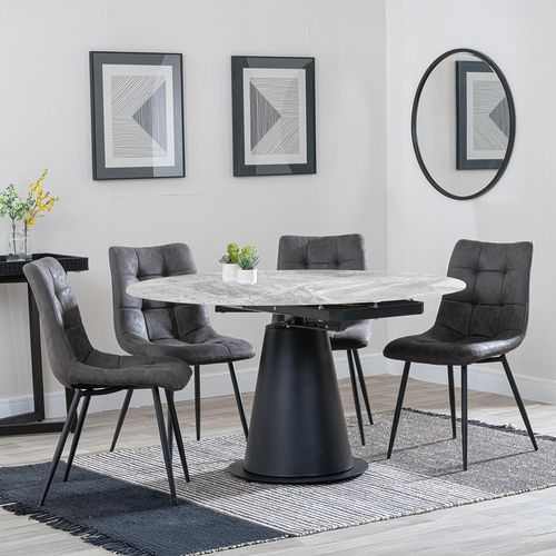 Carrara Grey Ceramic 4 Seater Round Extending Dining Set - 4 Corona Grey Fabric Dining Chair