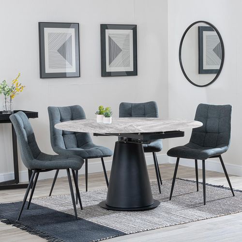 Carrara Grey Ceramic 4 Seater Round Extending Dining Set - 4 Corona Light Grey Fabric Dining Chair